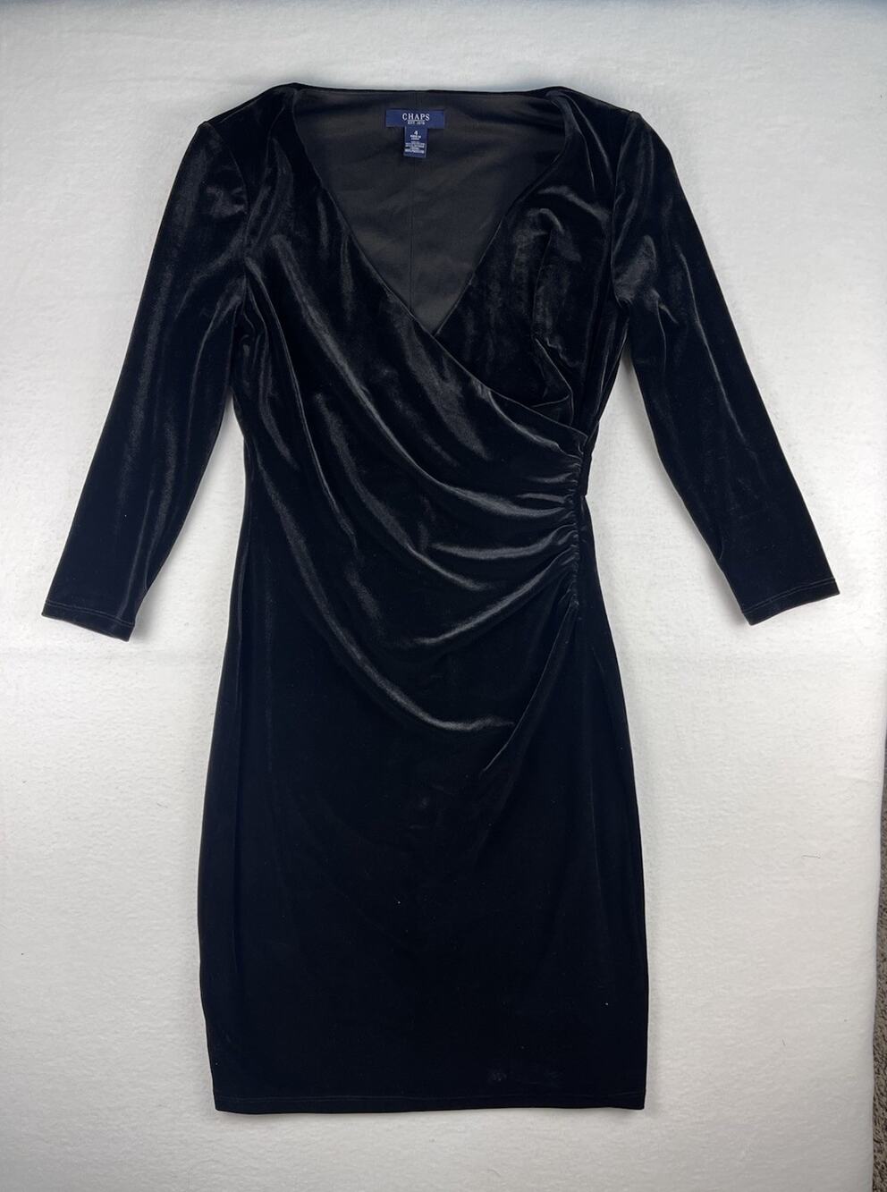 CHAPS Black Velvet Faux Wrap Dress Women’s Size 4 Ruched Stretch 3/4 Sleeve